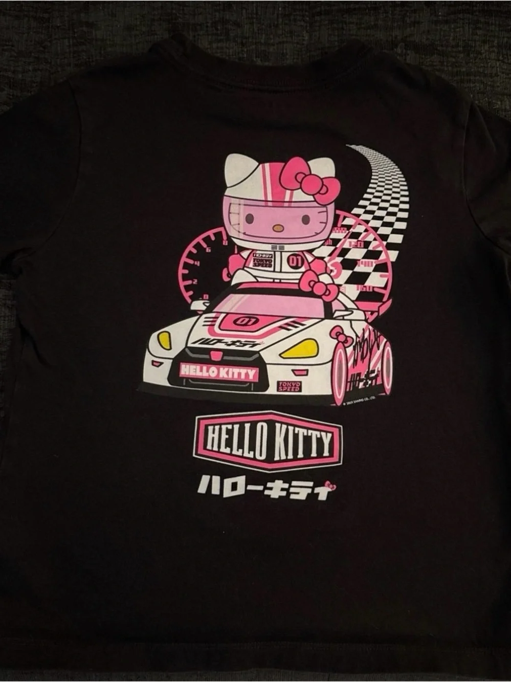 Old Navy Black Tee with Pink Hello Kitty Racing Graphic